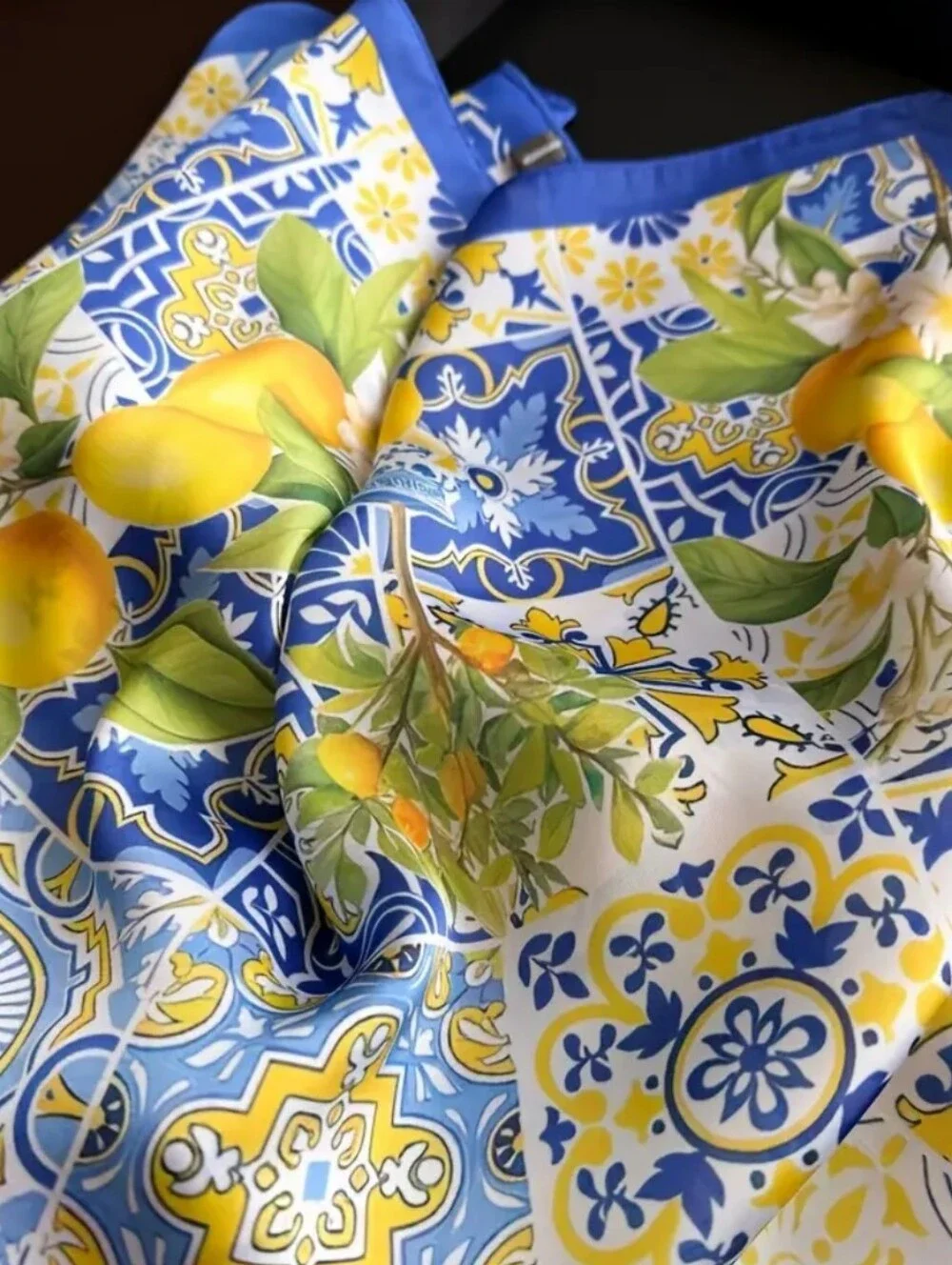 Silk'-Feel Blue & Yellow Lemon Print Scarf Women Head Scarf, Neck Scarf